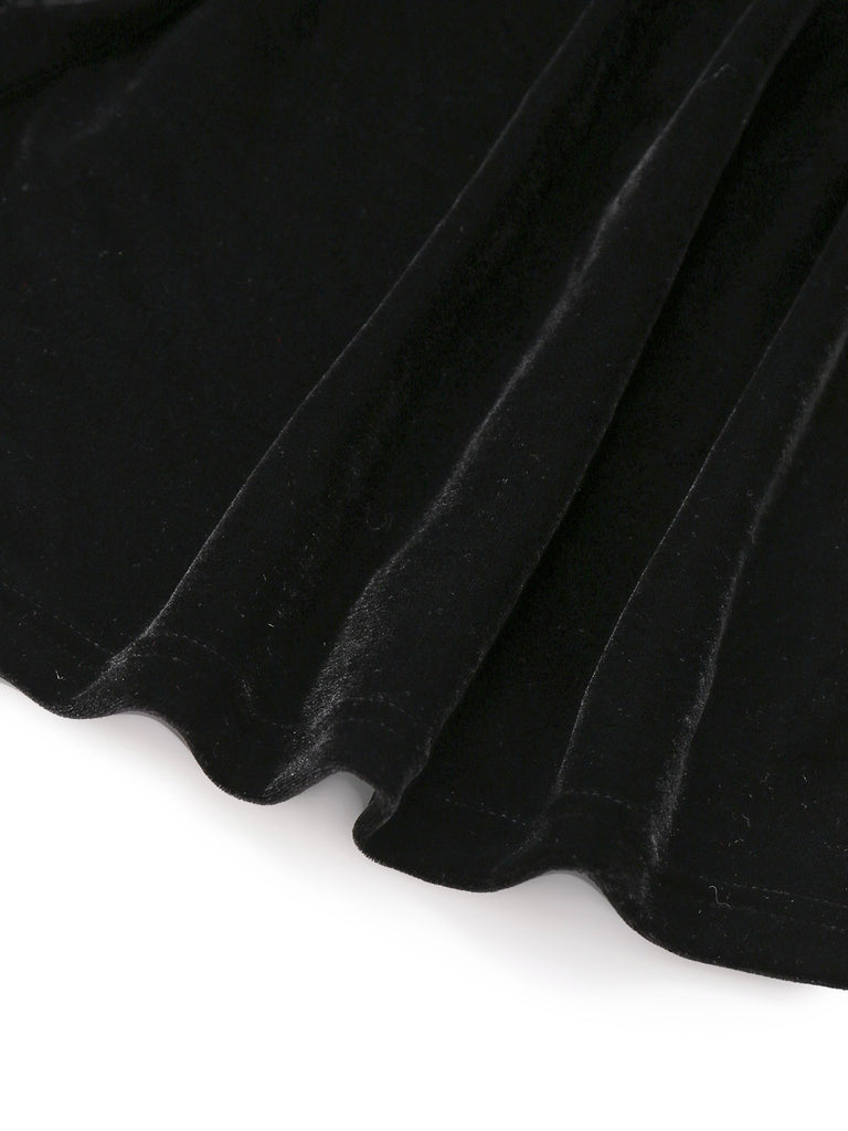 [Pre-Sale] Black 1960s Strapless Velvet Ruched Ribbon Tie Dress