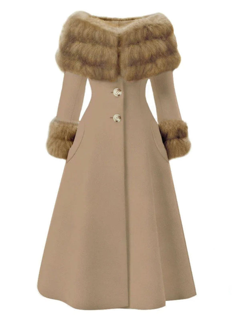 Cream 1950s Multi-Layer Fur Collar Patchwork Coat