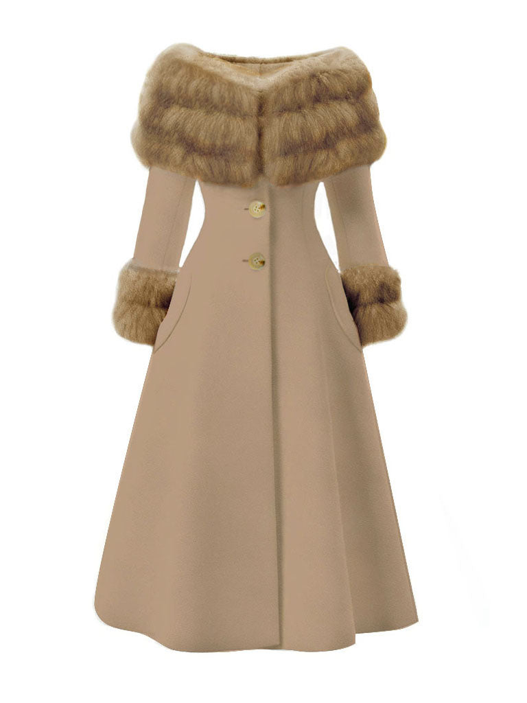 [Pre-Sale] Camel 1950s Multi-Layer Fur Collar Patchwork Coat