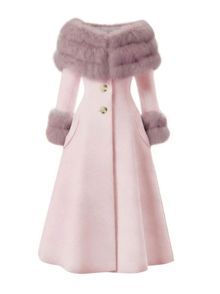 Cream 1950s Multi-Layer Fur Collar Patchwork Coat