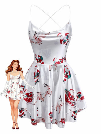 White 1960s Christmas Stain Layered Backless Strap Dress