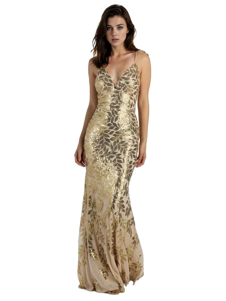 Gold 1920s Leaves Sequined Mesh Fishtail Dress
