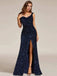 Blue 1920s Velvet Sequined High-Slit Long Dress
