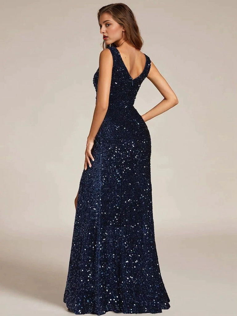 Blue 1920s Velvet Sequined High-Slit Long Dress