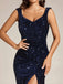 Blue 1920s Velvet Sequined High-Slit Long Dress
