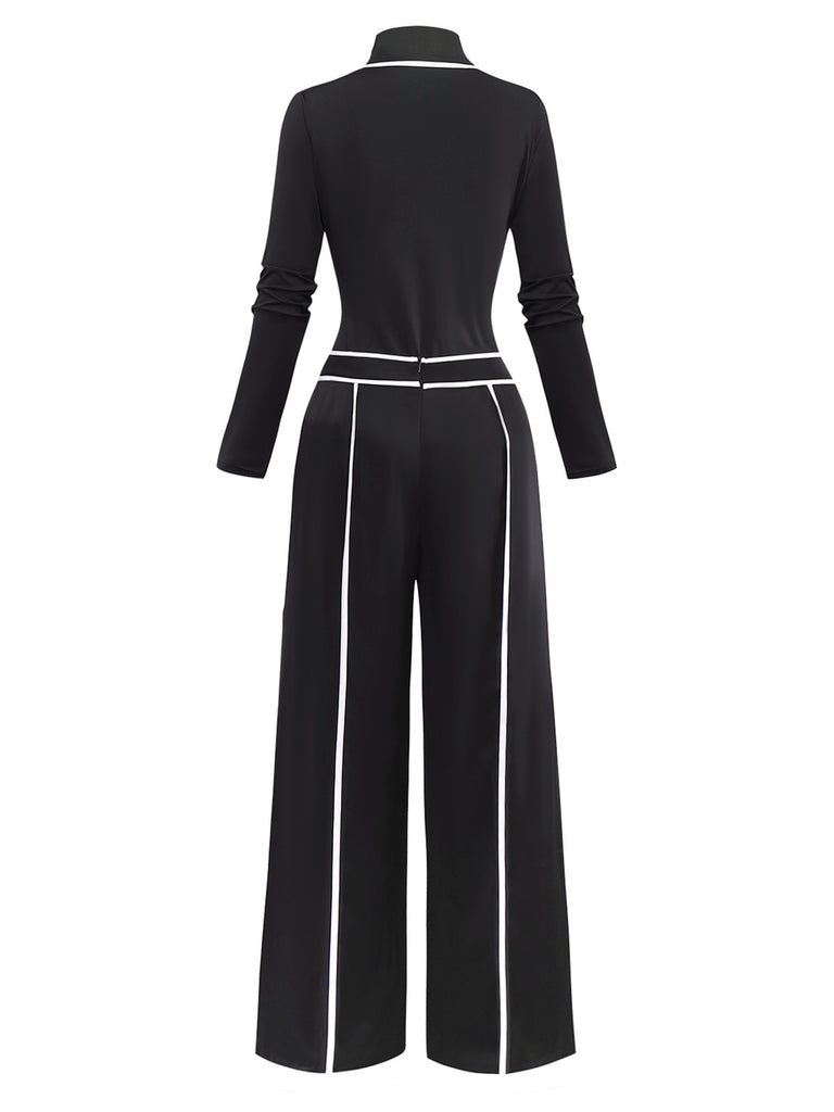 2PCS Black 1930s Binding Stand Collar Knitted Top & Wide-Leg Pants