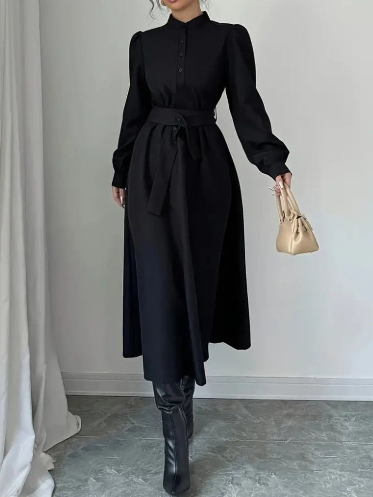 Black 1970s Solid Button Belted Dress