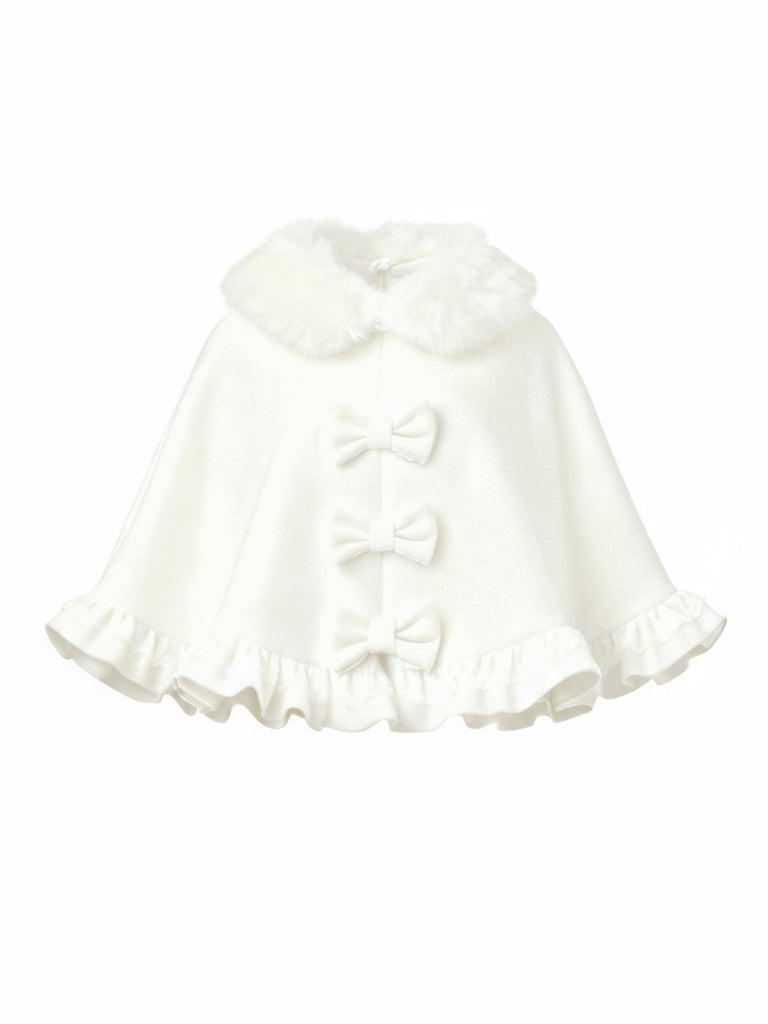 White 1940s Fur-Collar Bow Ruffled Hem Cape