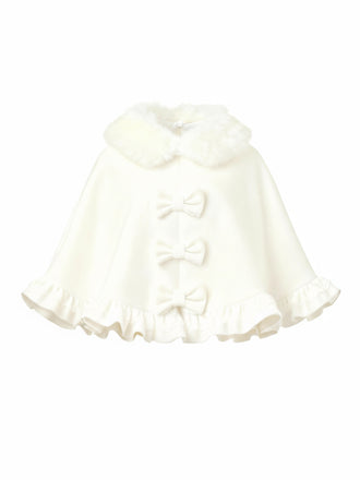 [Pre-Sale] White 1940s Fur-Collar Bow Ruffled Hem Cape