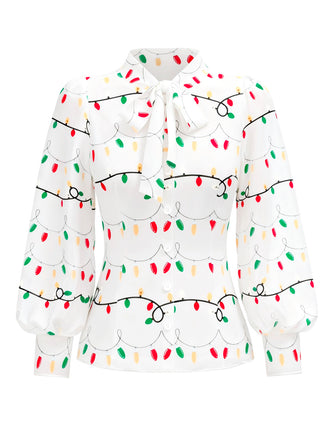 [Pre-Sale] White 1950s Tie Neck Christmas Lights Print Blouse