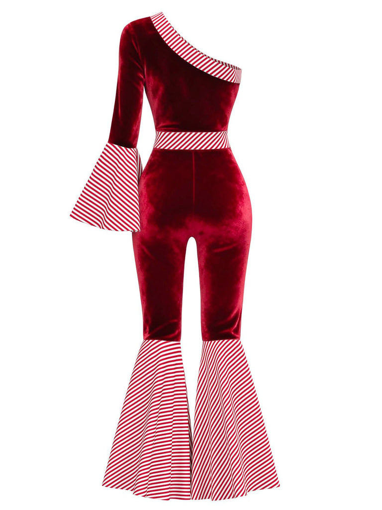 [Pre-Sale] Red 1970s Velvet Candy Cane Stripe Bell Sleeve Jumpsuit