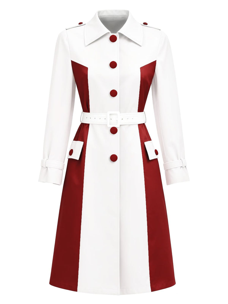 [Pre-Sale] White & Red Color-Block Belted Trench Coat