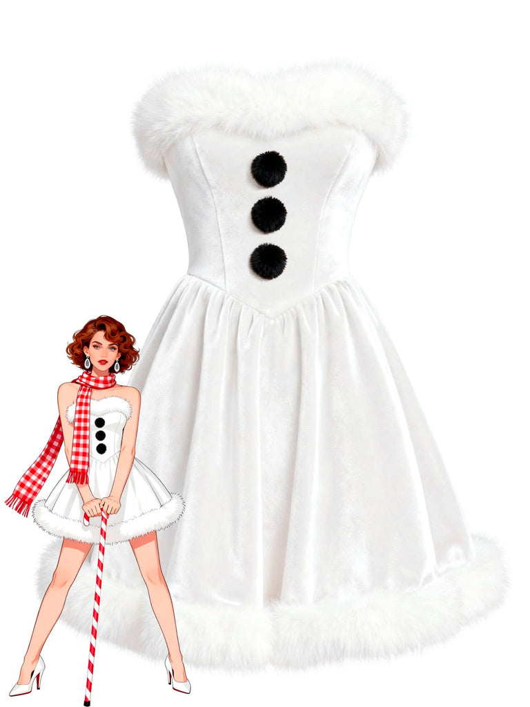 [Pre-Sale] White 1960s Snowman Velvet Plush Trim Strapless Dress