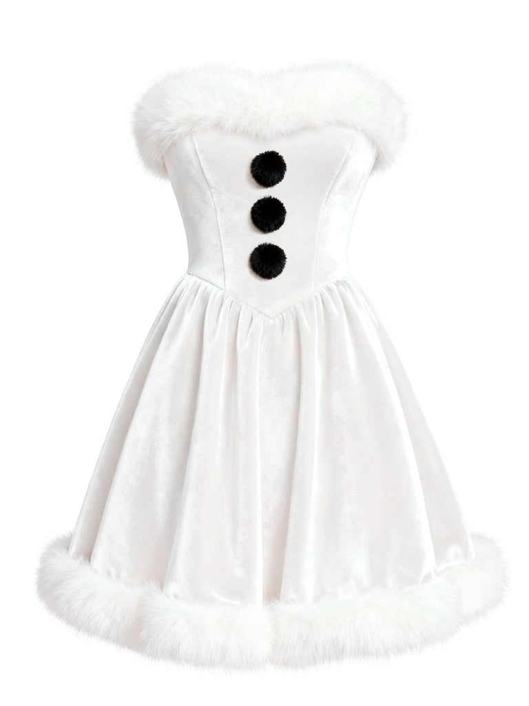 [Pre-Sale] White 1960s Snowman Velvet Plush Trim Strapless Dress