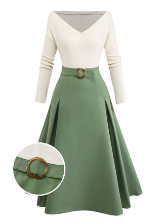 [Pre-Sale] Beige & Green 1950s Knit Off-Shoulder Pleated Dress