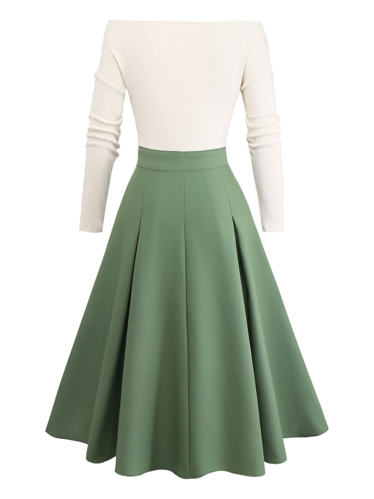 [Pre-Sale] Beige & Green 1950s Knit Off-Shoulder Pleated Dress