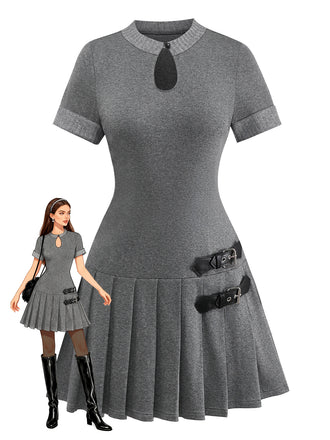 [Pre-Sale] Gray 1970s Knitted Leather Buckle Pleated Dress