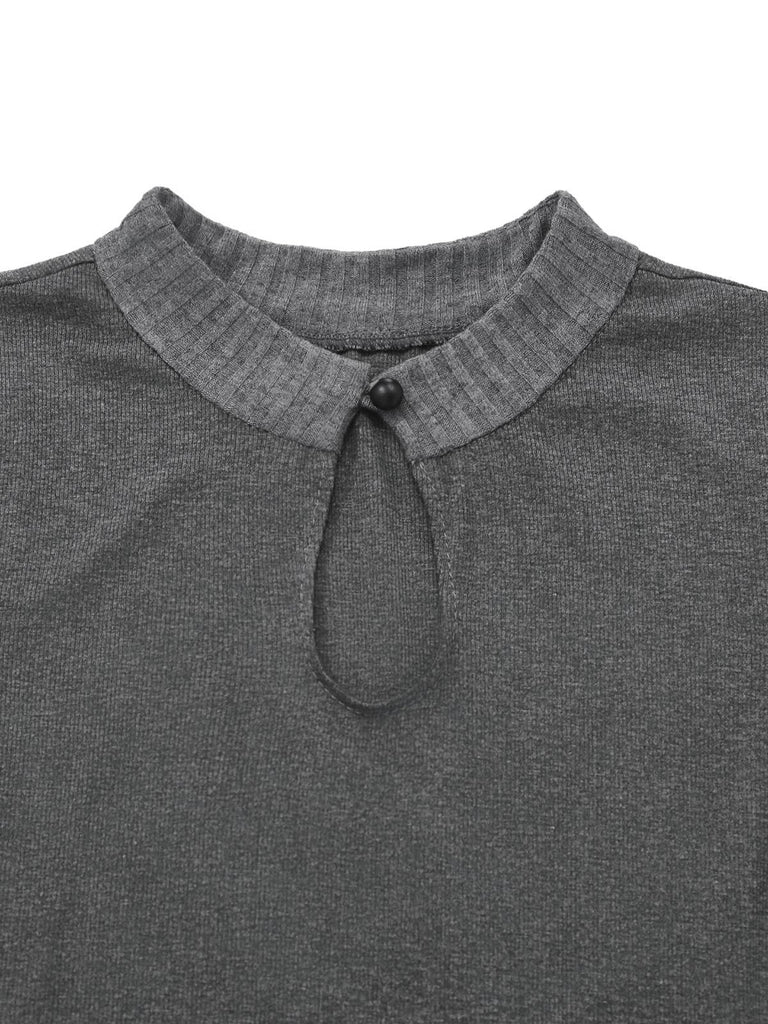 [Pre-Sale] Gray 1970s Knitted Leather Buckle Pleated Dress