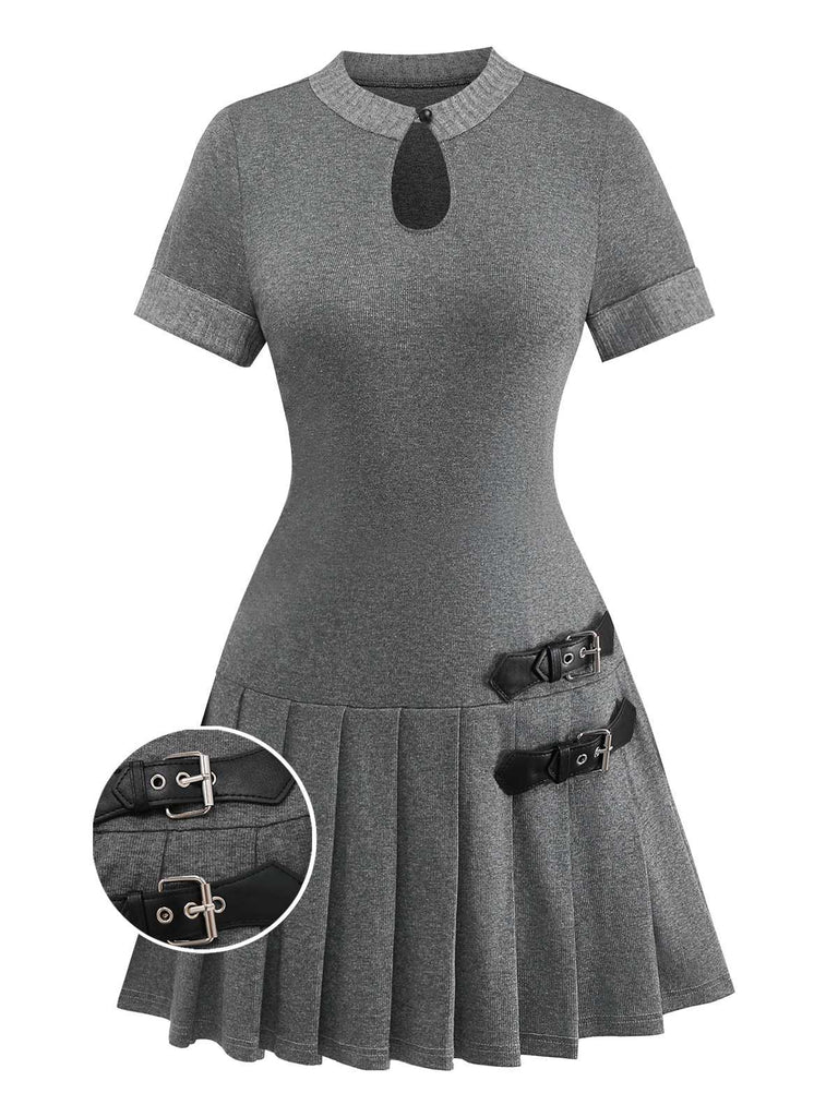 [Pre-Sale] Gray 1970s Knitted Leather Buckle Pleated Dress