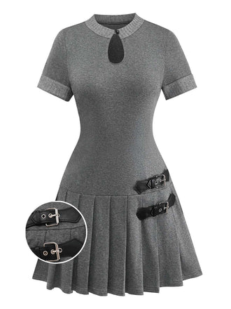 [Pre-Sale] Gray 1970s Knitted Leather Buckle Pleated Dress