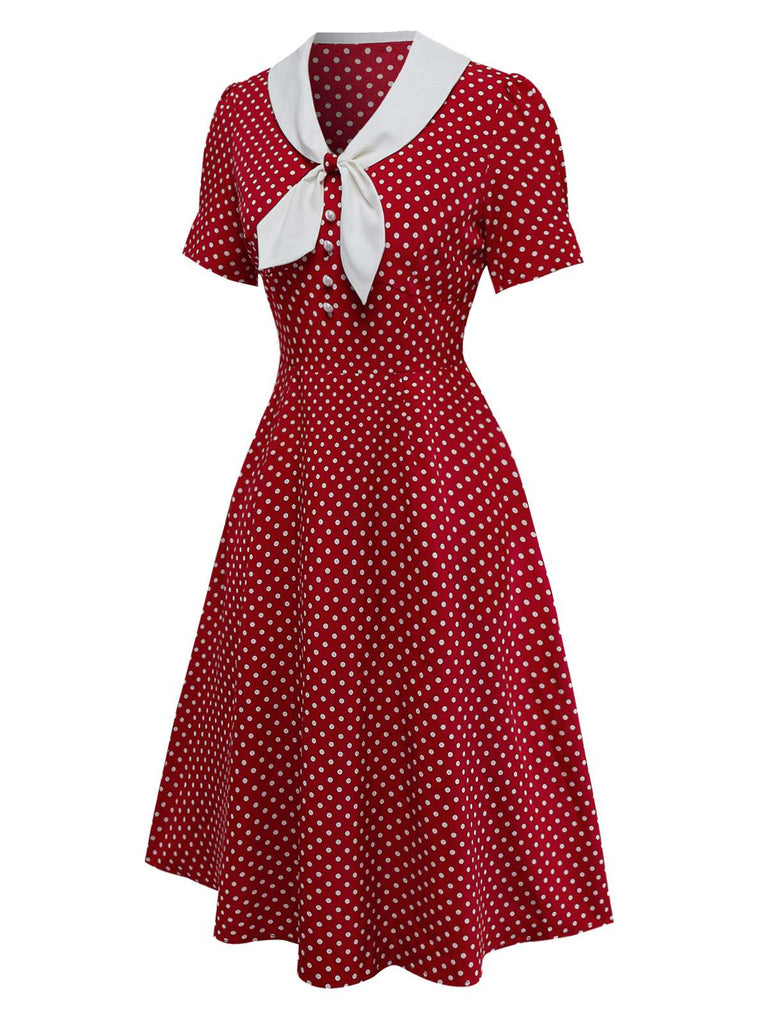 [Pre-Sale] Red 1940s Bunny Ear Knot Polka Dot Puff Dress