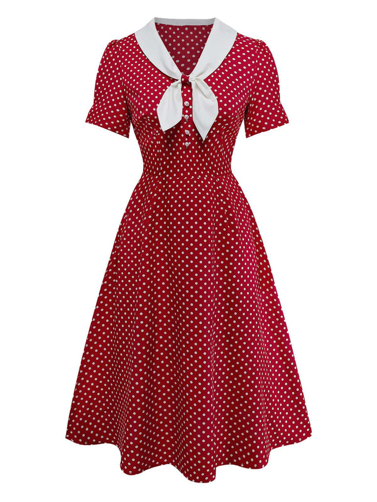 [Pre-Sale] Red 1940s Bunny Ear Knot Polka Dot Puff Dress