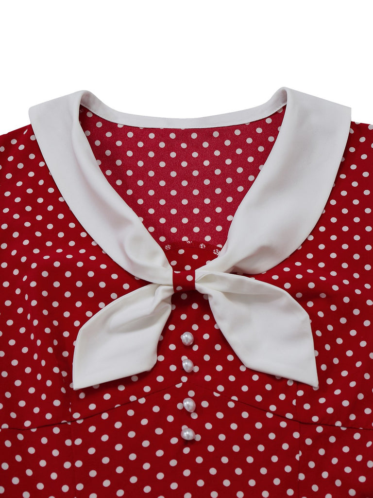 [Pre-Sale] Red 1940s Bunny Ear Knot Polka Dot Puff Dress