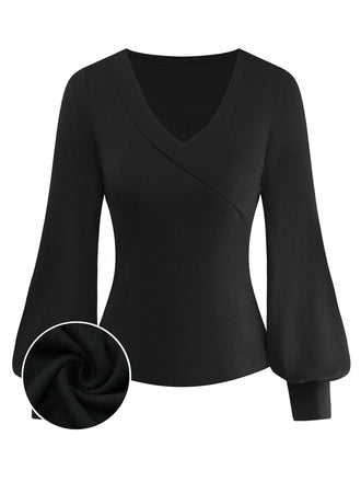 [Pre-Sale] Black 1950S V-Neck Lantern Sleeve Knitted Top