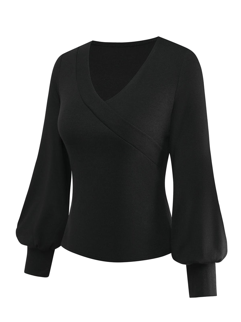 [Pre-Sale] Black 1950S V-Neck Lantern Sleeve Knitted Top