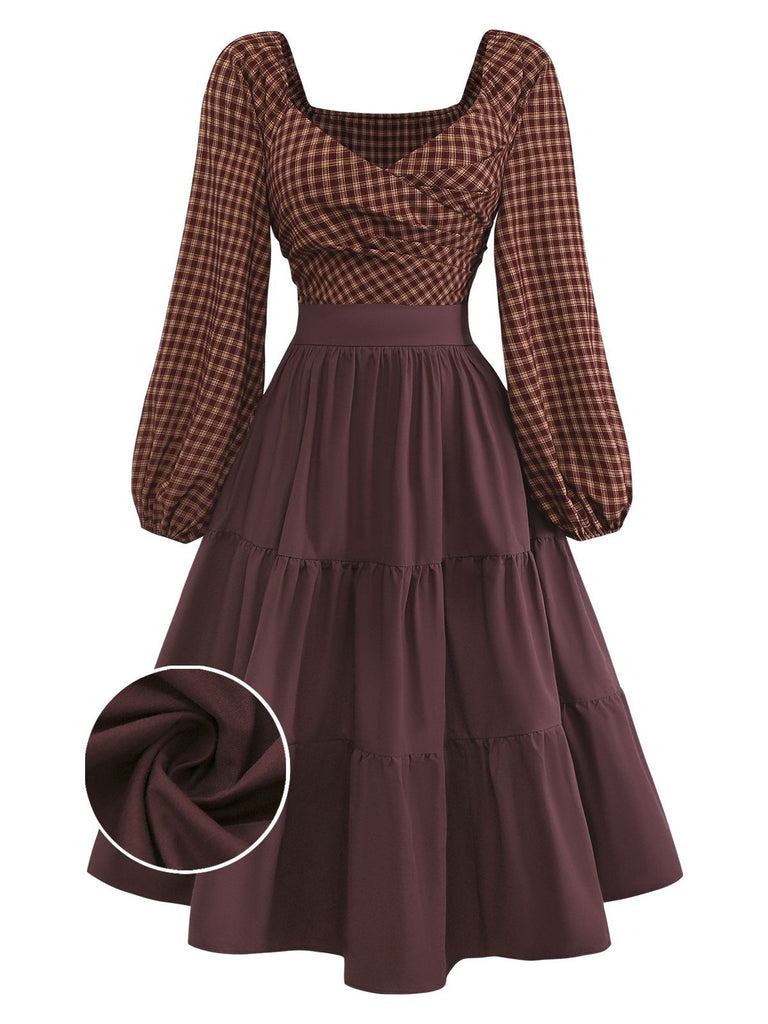[Pre-Sale] Brown 1950s Gingham Lace-Up Backless Tiered Dress