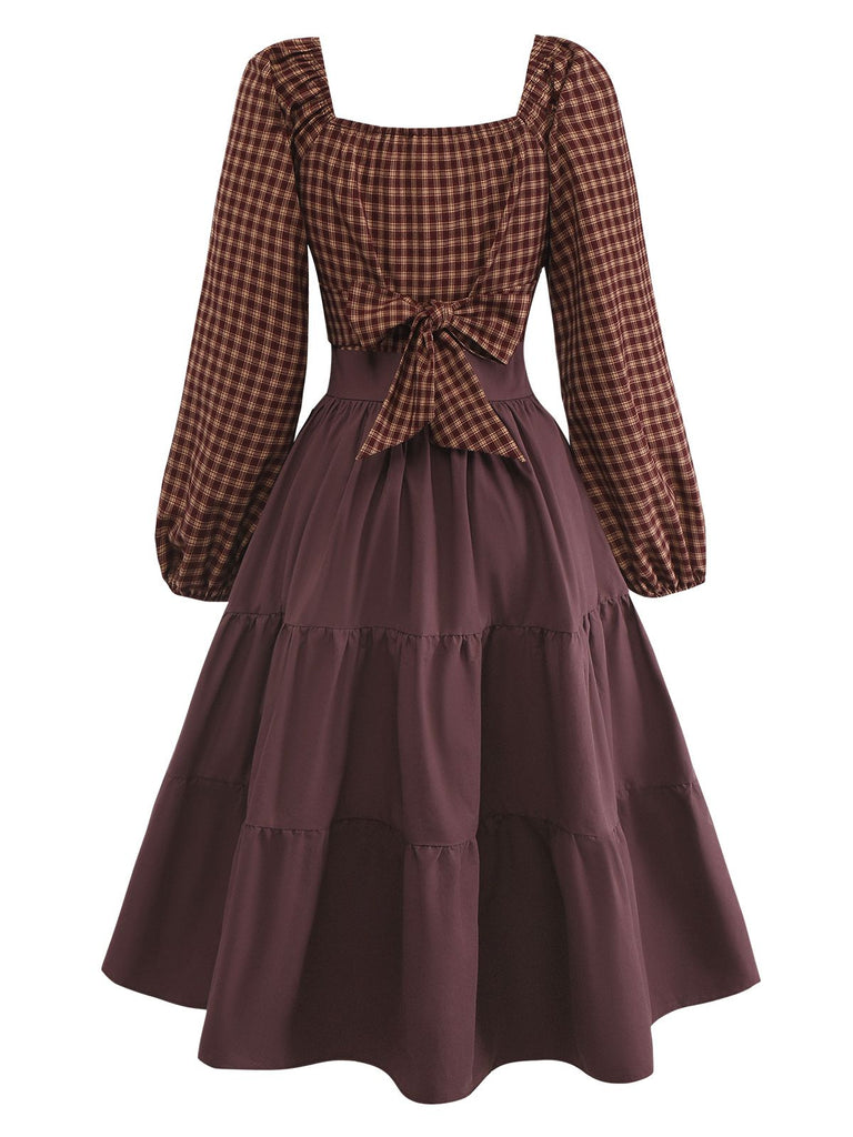 [Pre-Sale] Brown 1950s Gingham Lace-Up Backless Tiered Dress