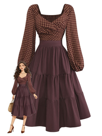 [Pre-Sale] Brown 1950s Gingham Lace-Up Backless Tiered Dress