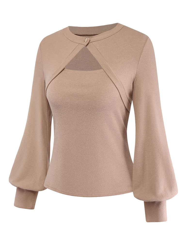 [Pre-Sale] 2PCS Brown 1960s Cutout Layered Knit Sweater & Pleated Mini Skirt