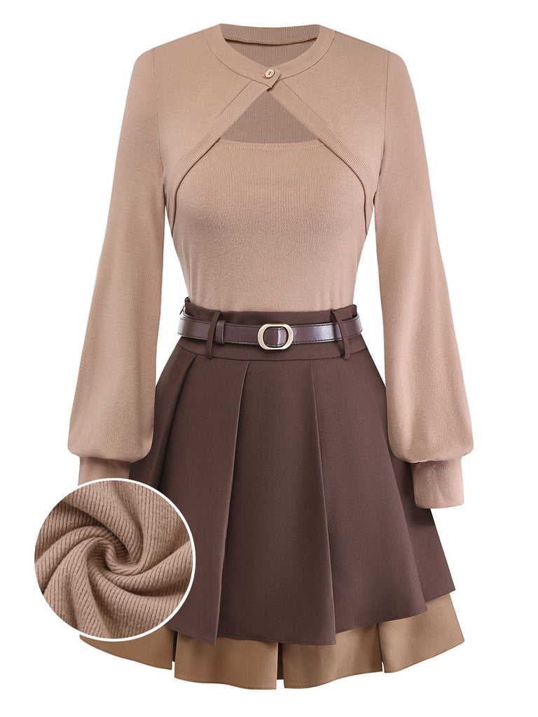[Pre-Sale] 2PCS Brown 1960s Cutout Layered Knit Sweater & Pleated Mini Skirt