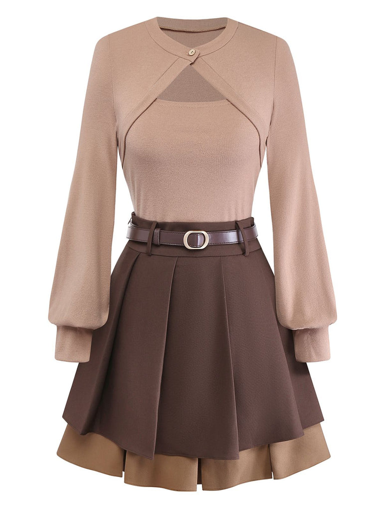 [Pre-Sale] 2PCS Brown 1960s Cutout Layered Knit Sweater & Pleated Mini Skirt