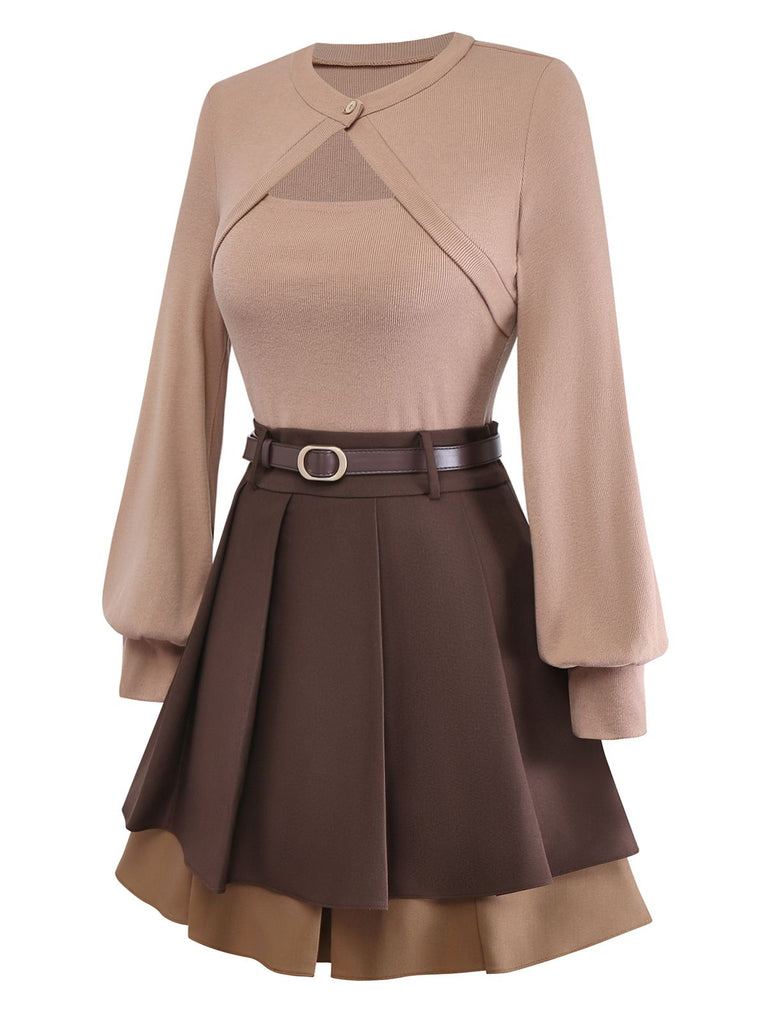 [Pre-Sale] 2PCS Brown 1960s Cutout Layered Knit Sweater & Pleated Mini Skirt