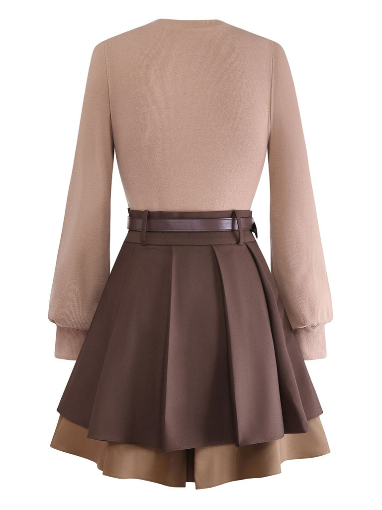 [Pre-Sale] 2PCS Brown 1960s Cutout Layered Knit Sweater & Pleated Mini Skirt