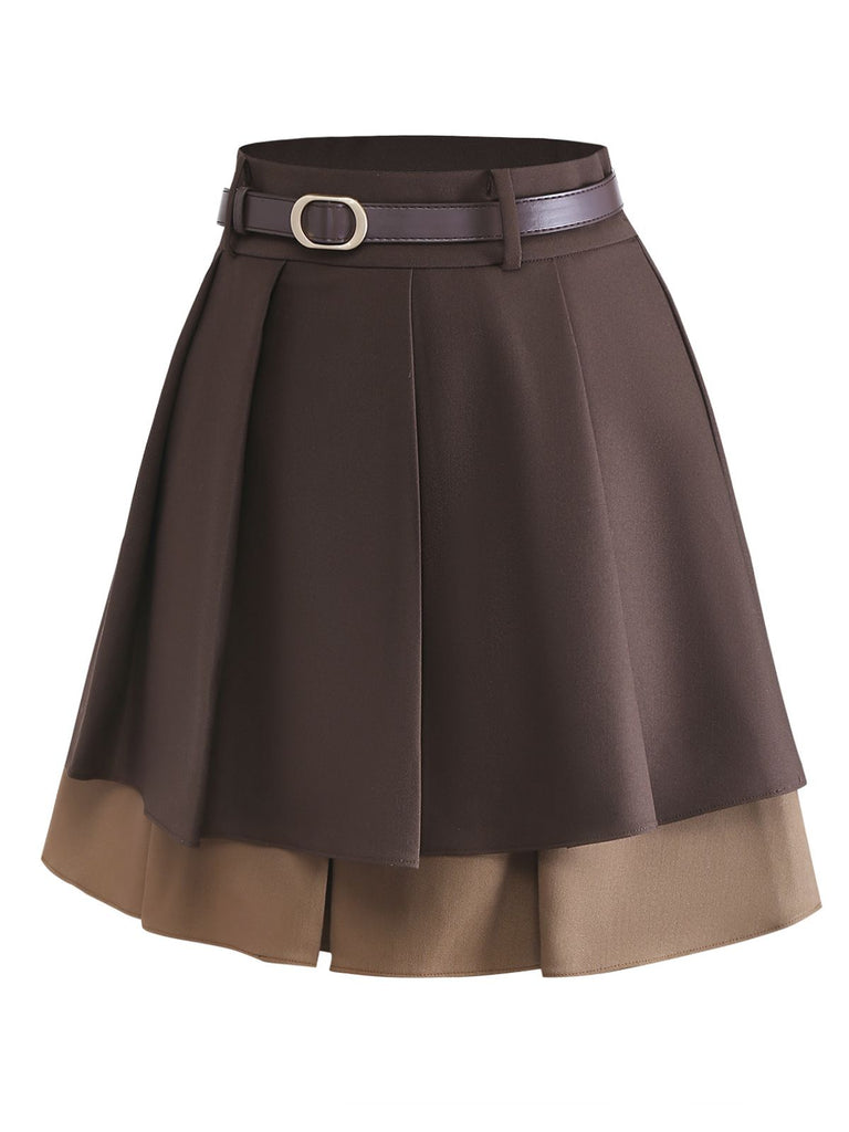 [Pre-Sale] 2PCS Brown 1960s Cutout Layered Knit Sweater & Pleated Mini Skirt