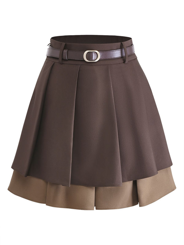 [Pre-Sale] 2PCS Brown 1960s Cutout Layered Knit Sweater & Pleated Mini Skirt