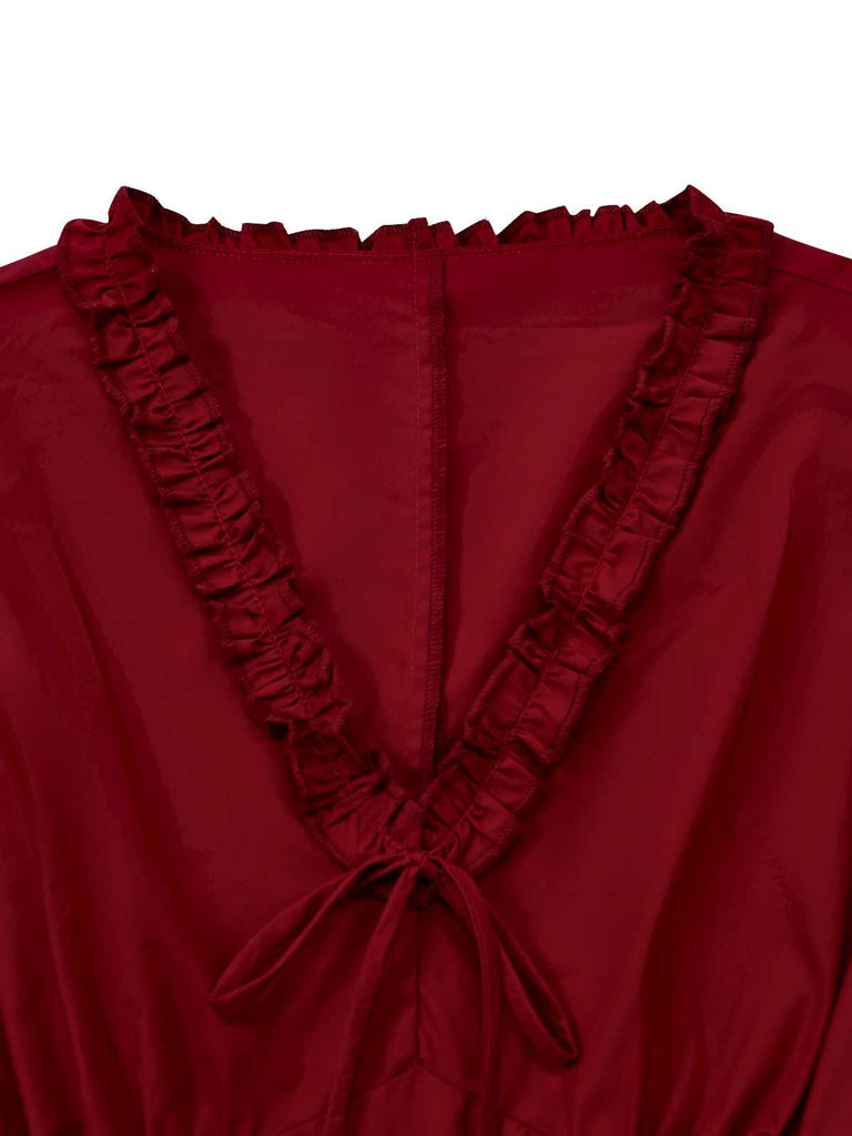 [Pre-Sale] Red 1950s Ruffle V-Neck Knit Plaid Dress