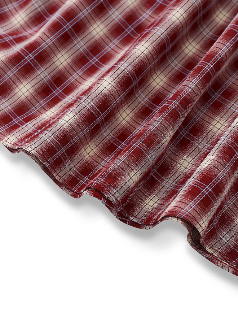 [Pre-Sale] Red 1950s Ruffle V-Neck Knit Plaid Dress