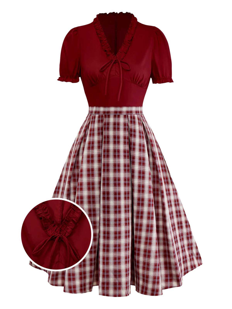 [Pre-Sale] Red 1950s Ruffle V-Neck Knit Plaid Dress