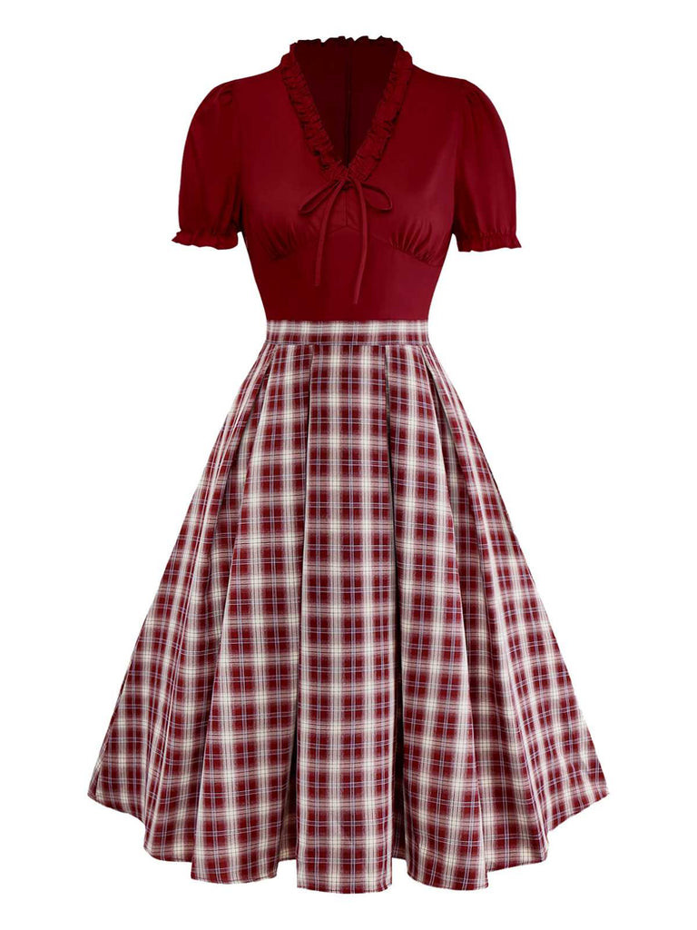 [Pre-Sale] Red 1950s Ruffle V-Neck Knit Plaid Dress