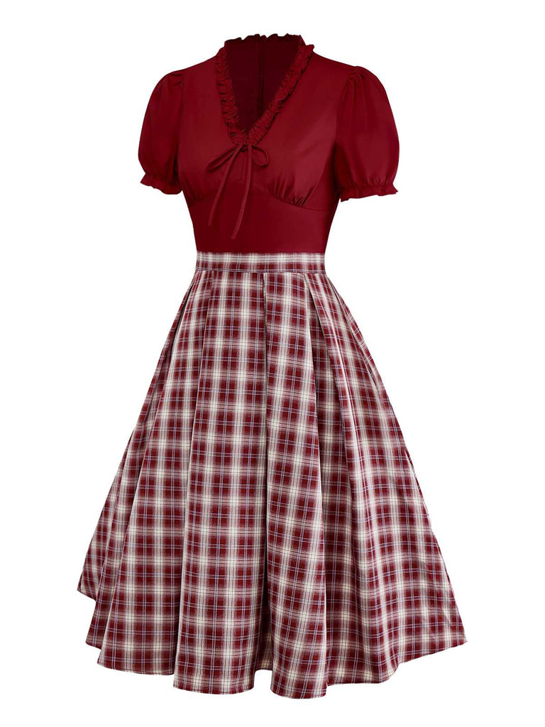 [Pre-Sale] Red 1950s Ruffle V-Neck Knit Plaid Dress