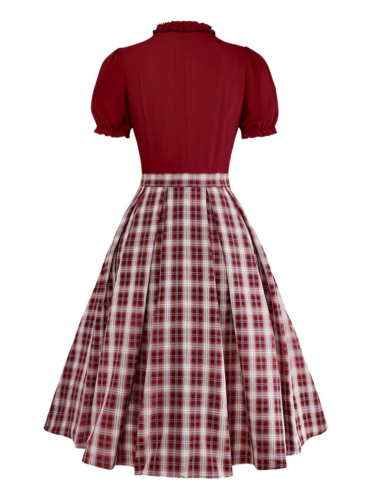 [Pre-Sale] Red 1950s Ruffle V-Neck Knit Plaid Dress