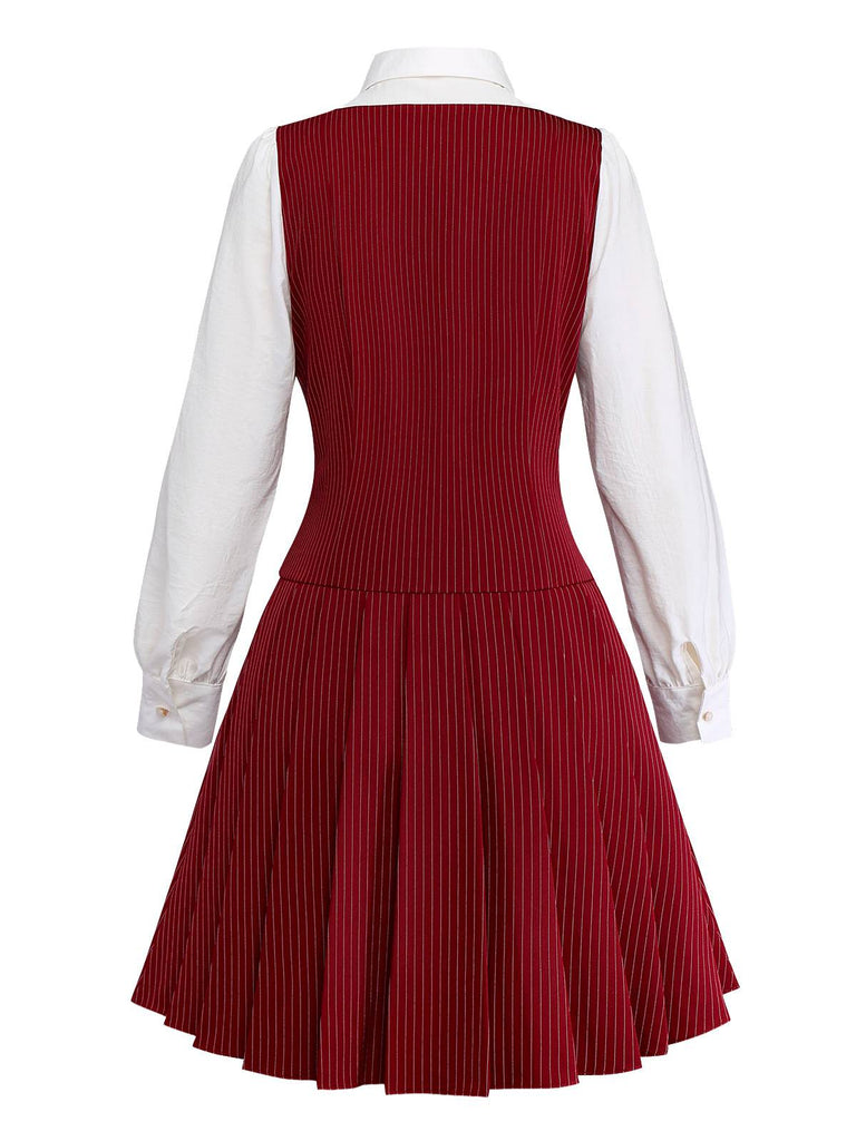[Pre-Sale] Red 1960s MOD Vertical Striped Pleated Dress