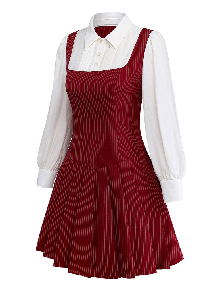 [Pre-Sale] Red 1960s MOD Vertical Striped Pleated Dress