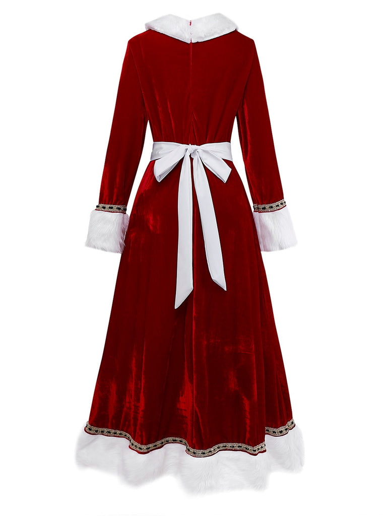 Red 1930s Mrs. Claus Costume Velvet Dress Set