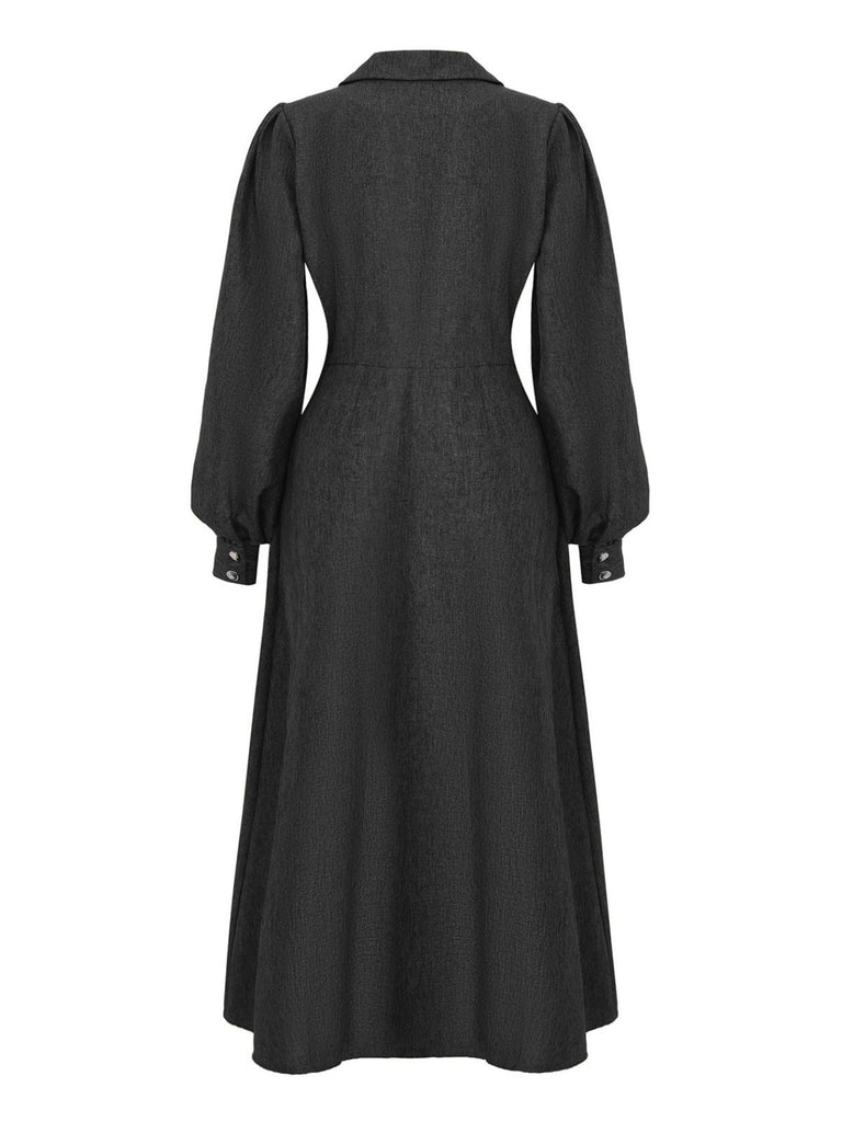 1940s Notched Collar Lantern Sleeve Button Dress