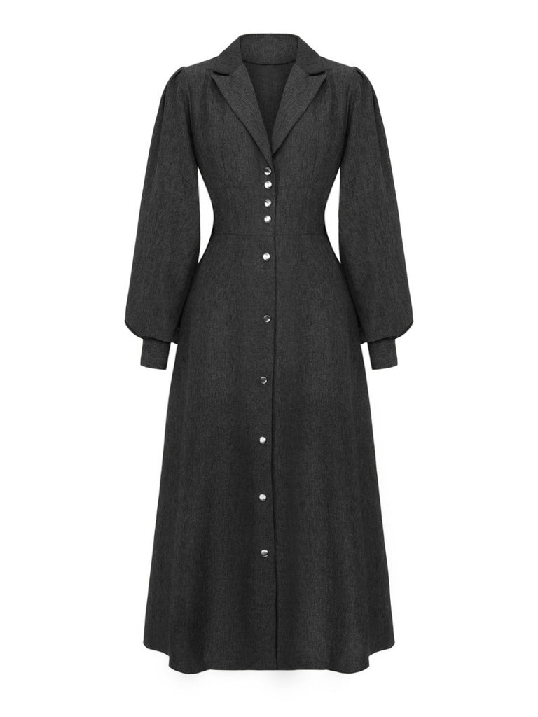 1940s Notched Collar Lantern Sleeve Button Dress